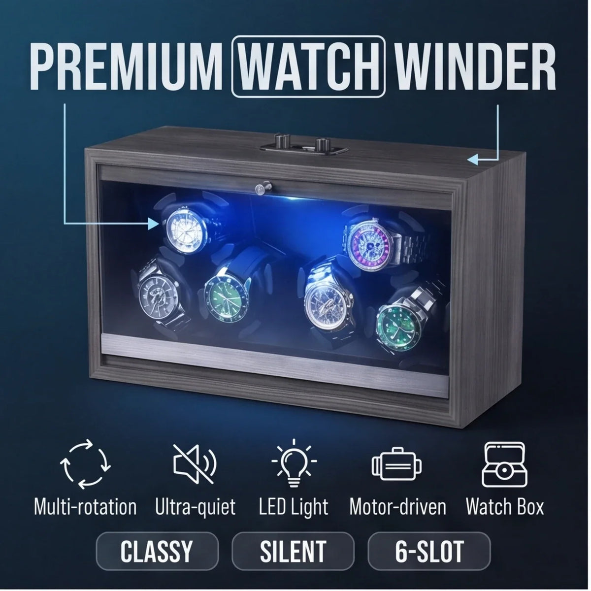 6-Watch Winder – Black Walnut, Remote Control & 6 Speeds