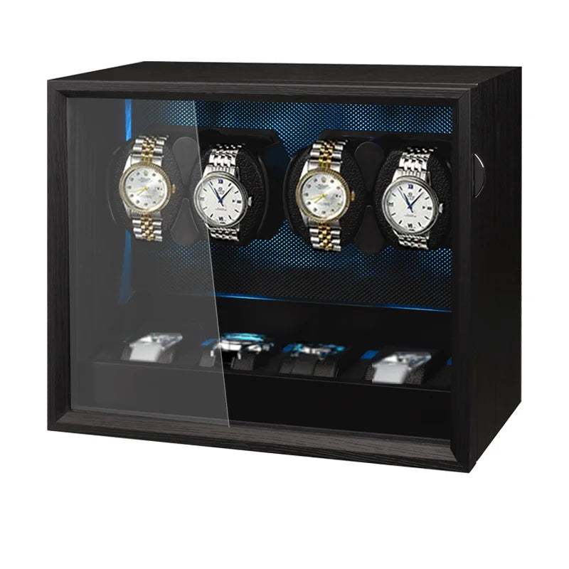 4-Watch Winder – Black Wood with Backlight, Silent Motor