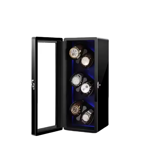 6-Watch Winder – Black Wood, Key Lock, Ambient Lighting