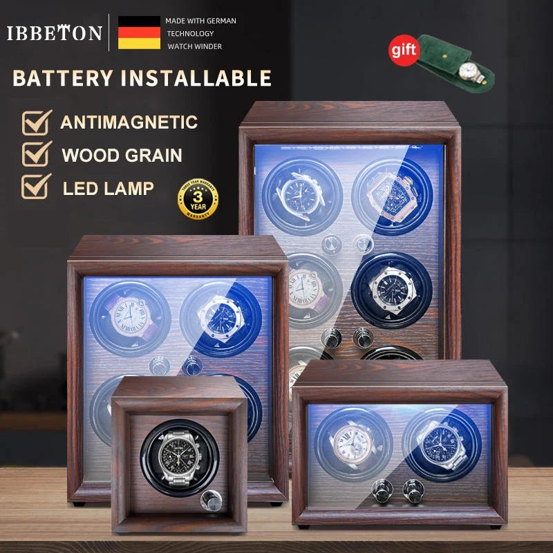 2-Watch Winder – Battery-Powered Wood Case with LED Light