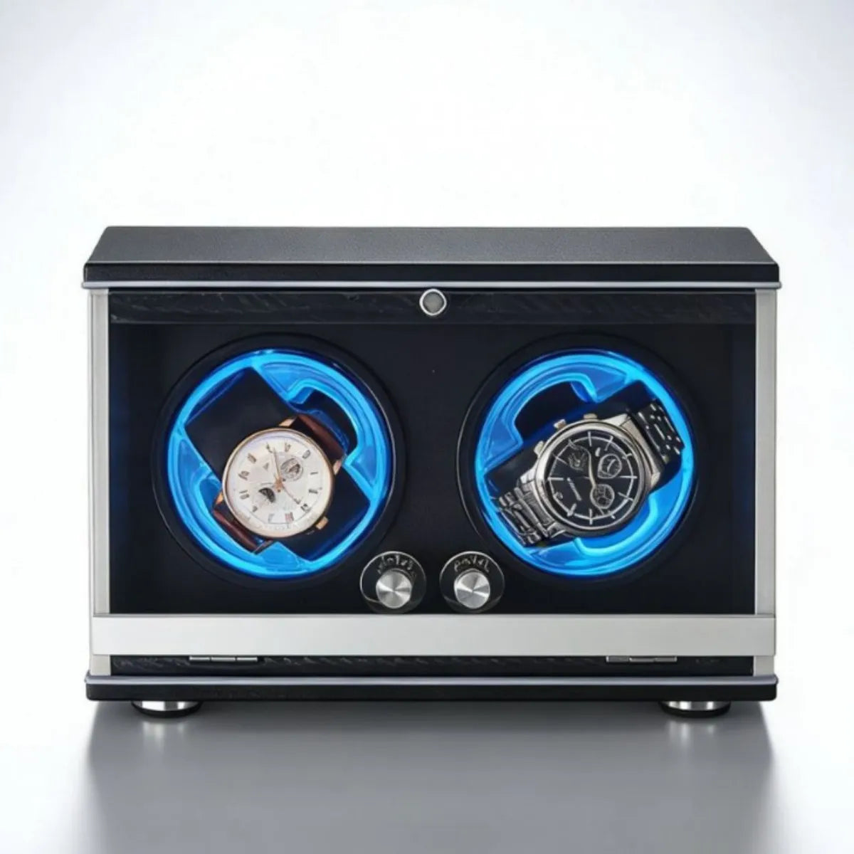 4-Watch Winder – Walnut Wood, Blue LED, Silent Motor