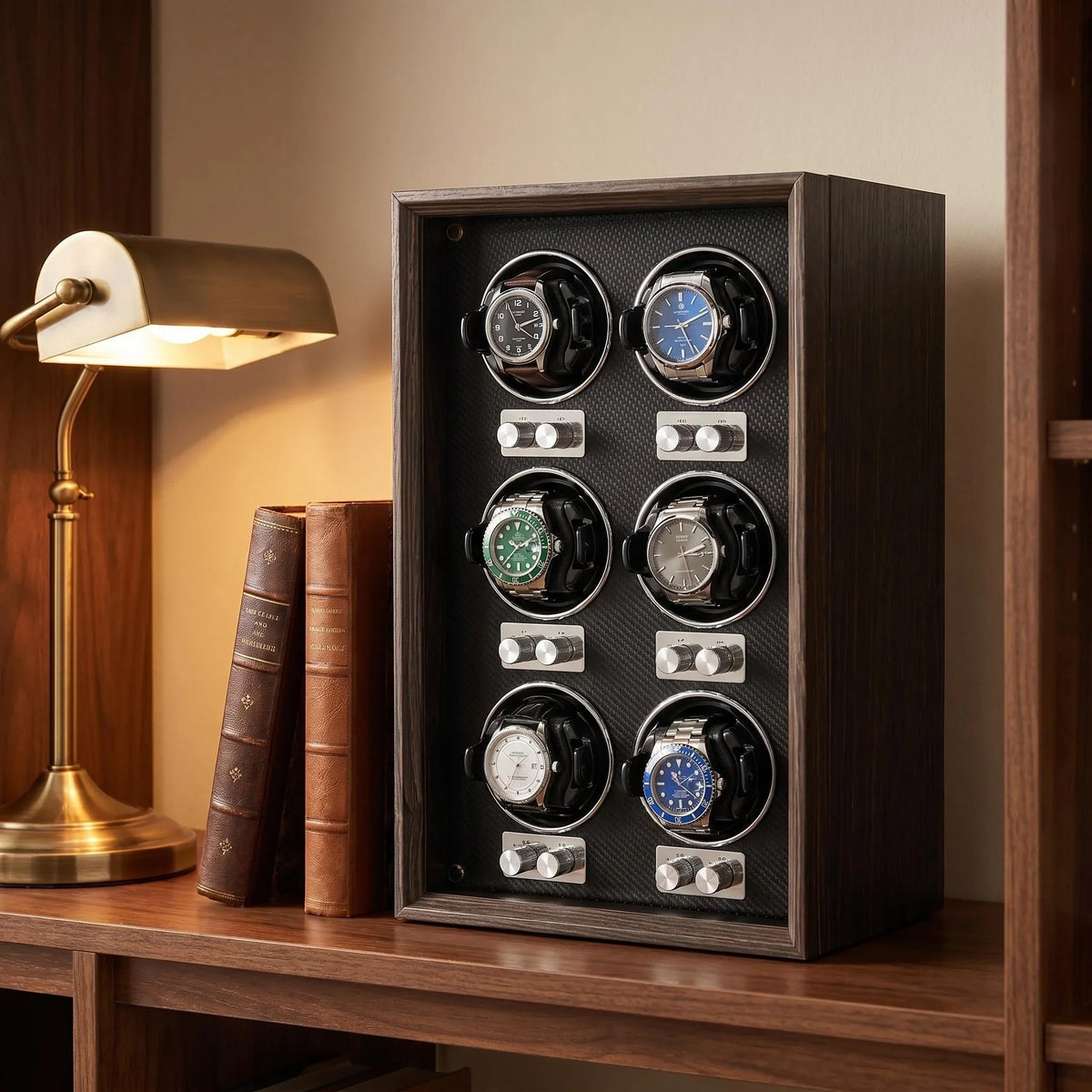 6-Watch Winder Cabinet – Brown Wood, Glass Door, Vertical Rotation