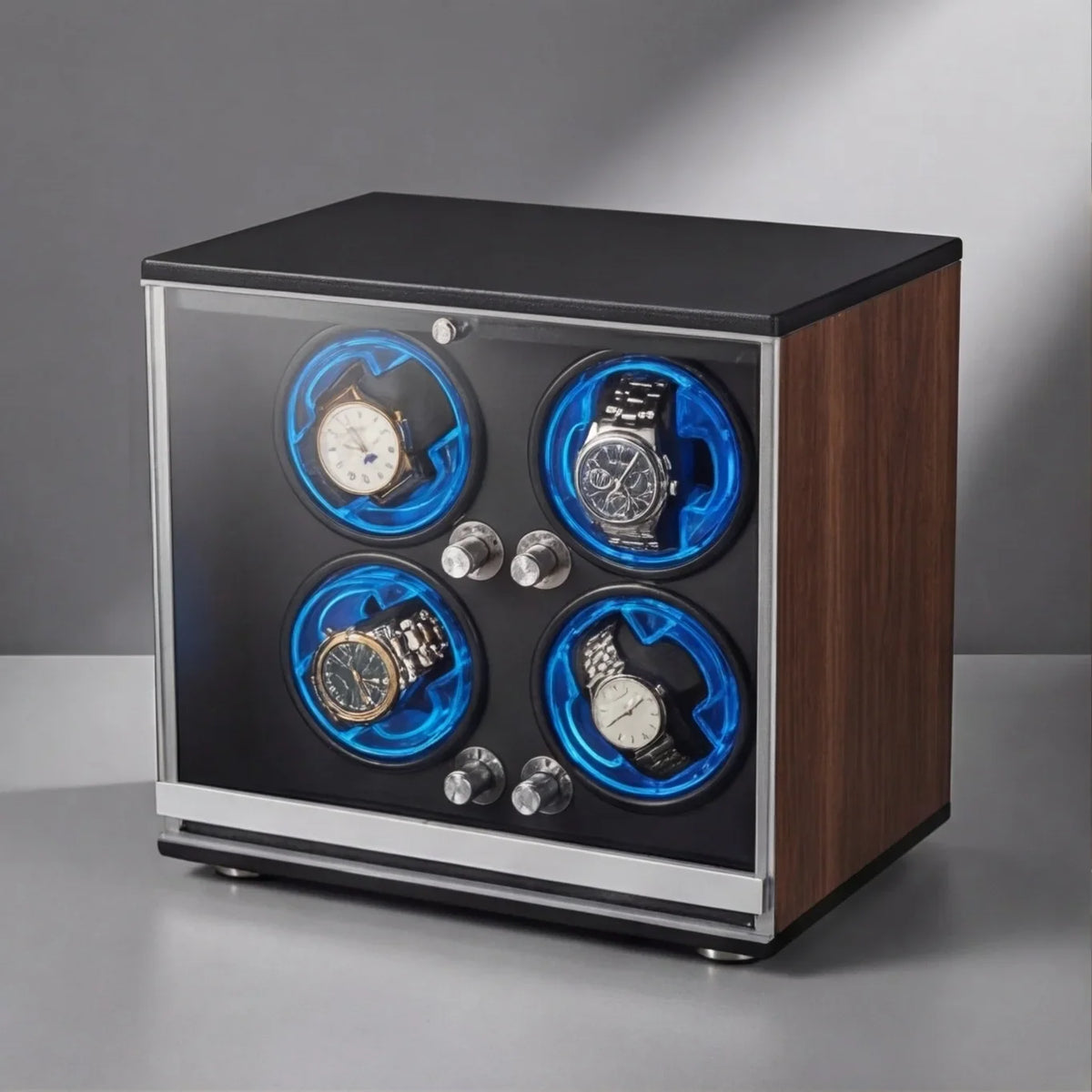 4-Watch Winder – Walnut Wood, Blue LED, Silent Motor