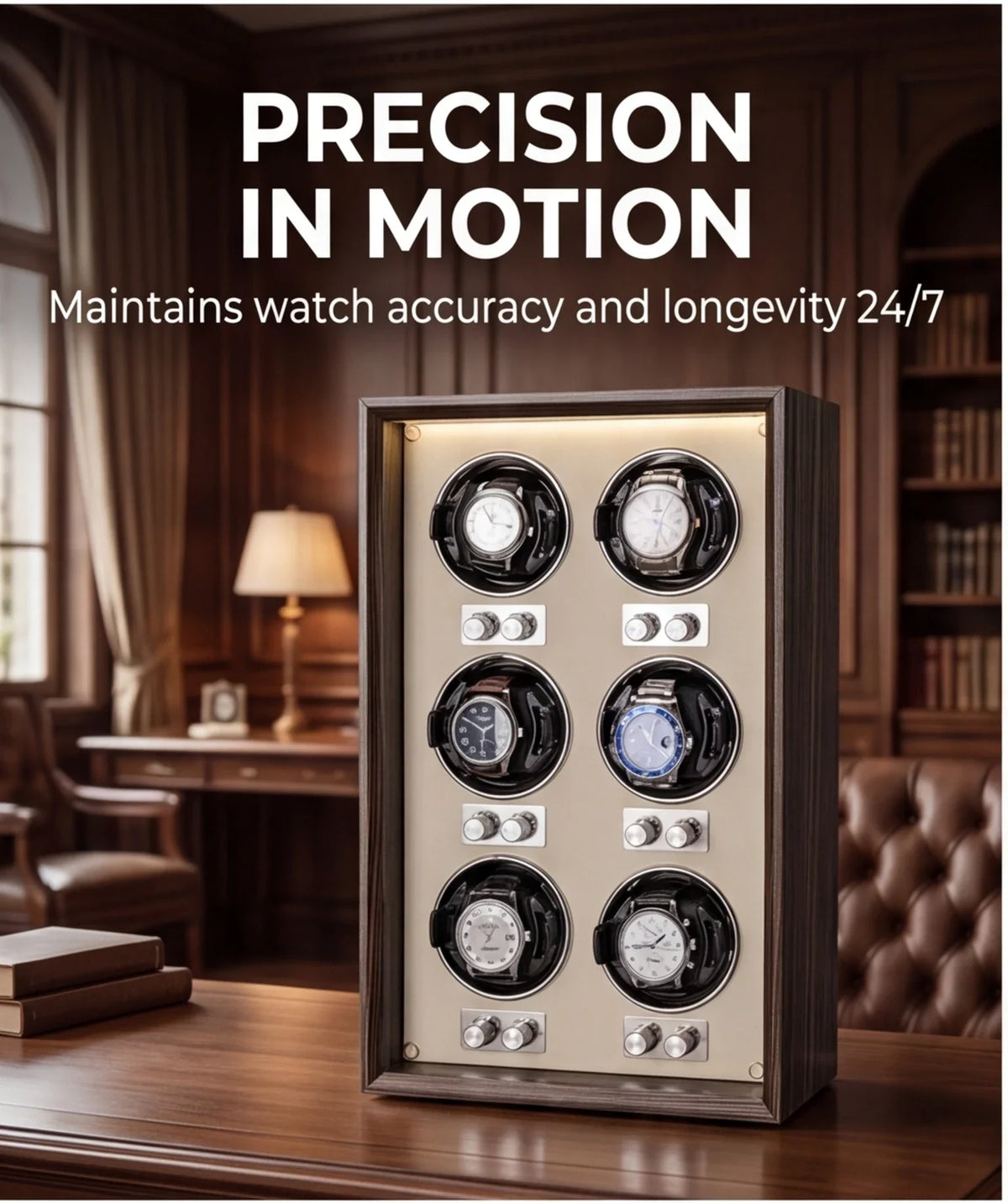 6-Watch Winder Cabinet – Brown Wood, Glass Door, Vertical Rotation