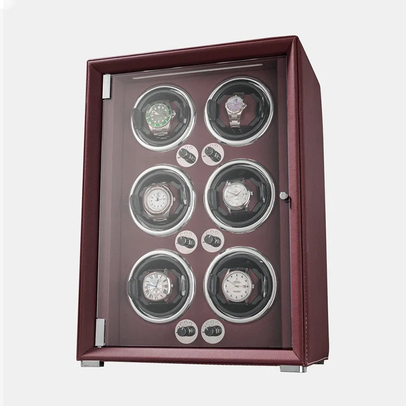 6-Watch Winder – Apricot Leather, 5 Speeds, Auto-Stop Door