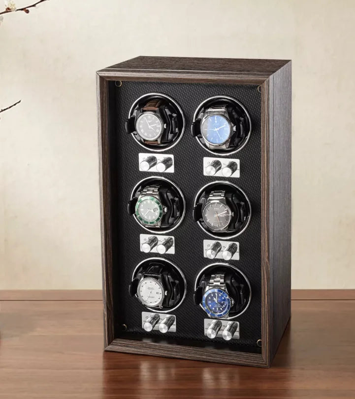 6-Watch Winder Cabinet – Brown Wood, Glass Door, Vertical Rotation