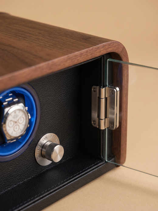 Single Watch Winder – Wood Cabinet, Blue LED Backlight