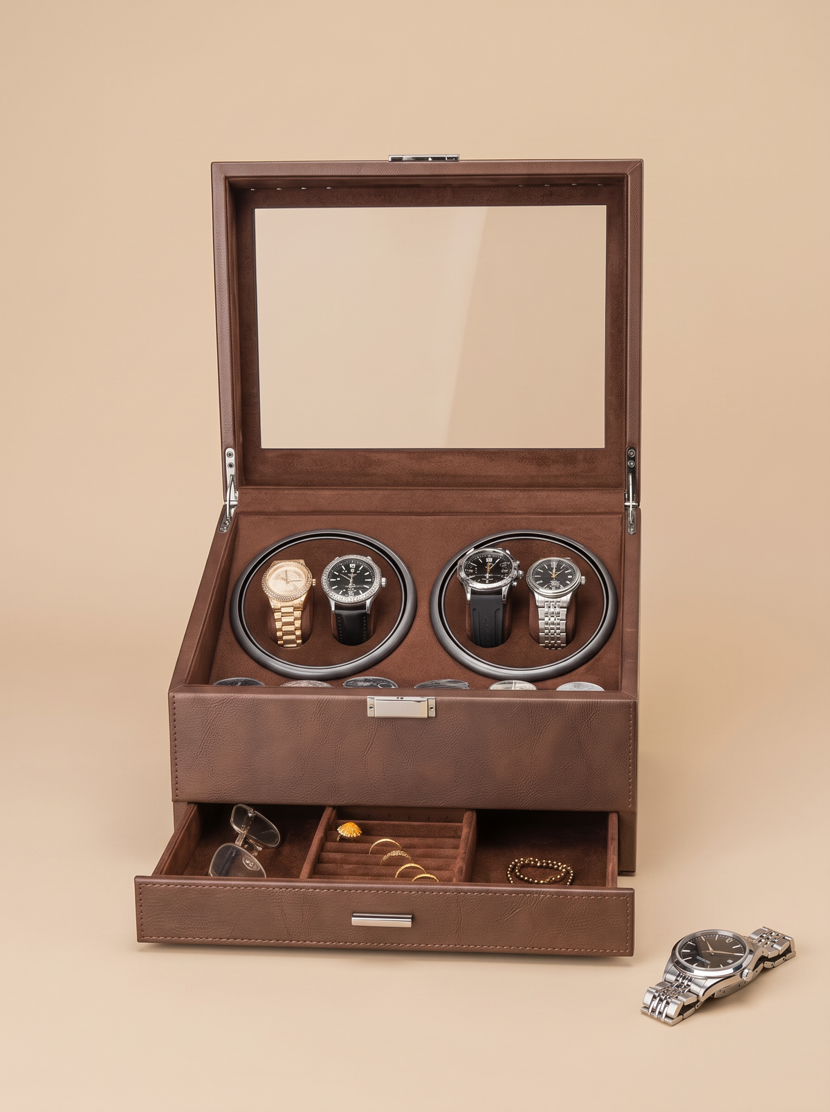 Multi-Watch Winder – Large Capacity Brown Display Case