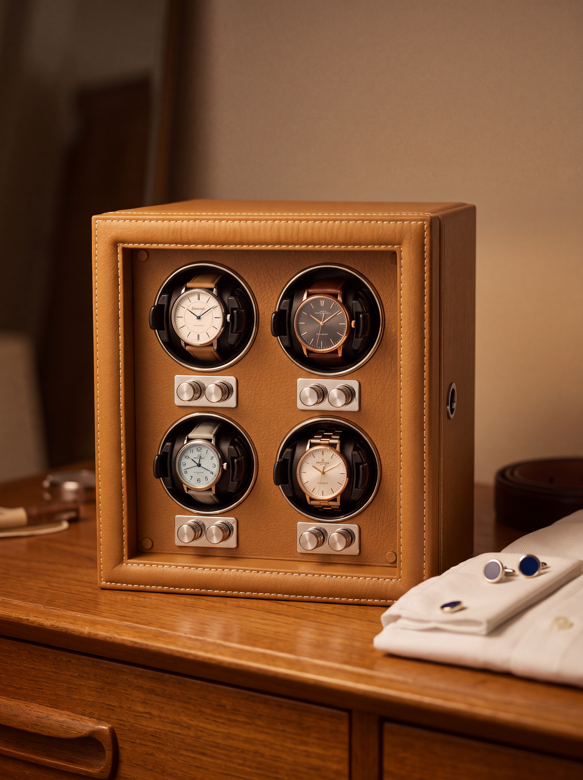 4-Watch Winder – Leather with Key Lock, Black or Orange