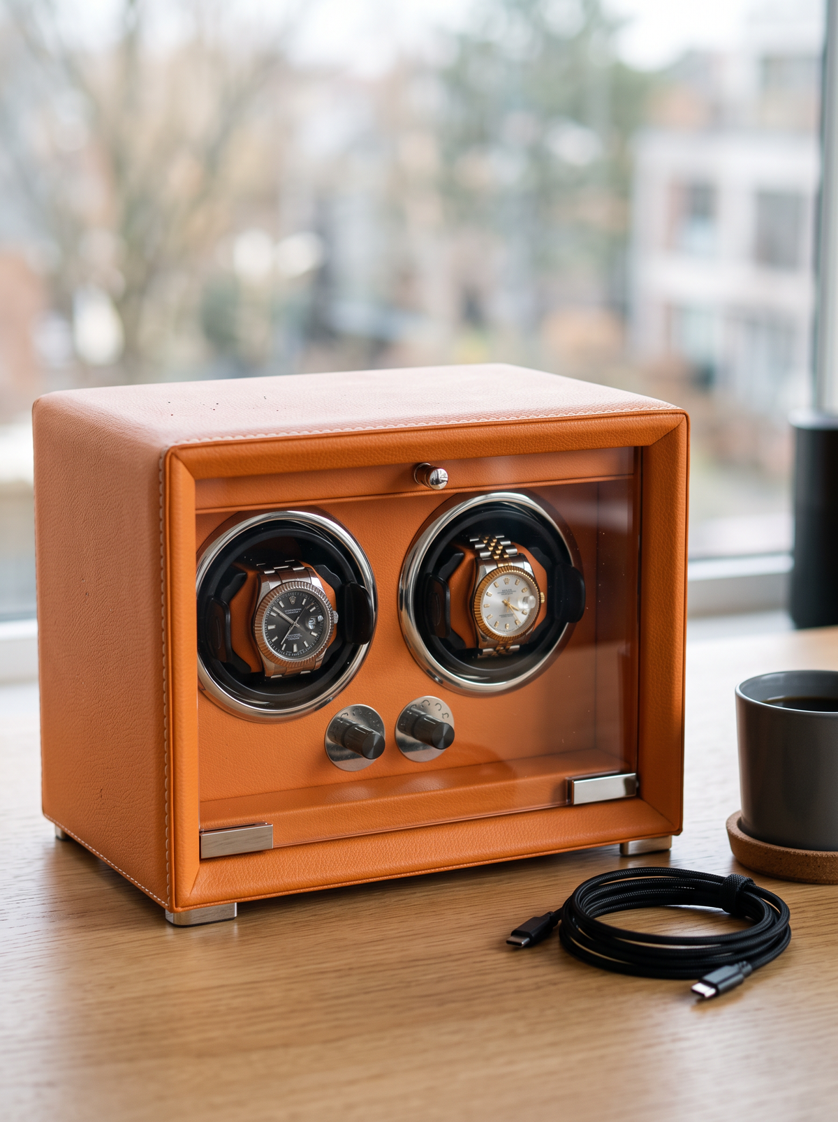 2-Watch Winder – Orange Leather, 5-Speed Silent Motor