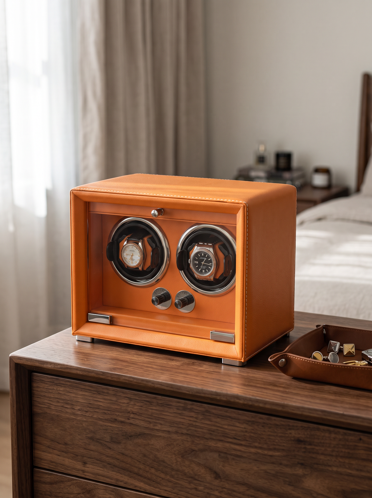 2-Watch Winder – Orange Leather, 5-Speed Silent Motor