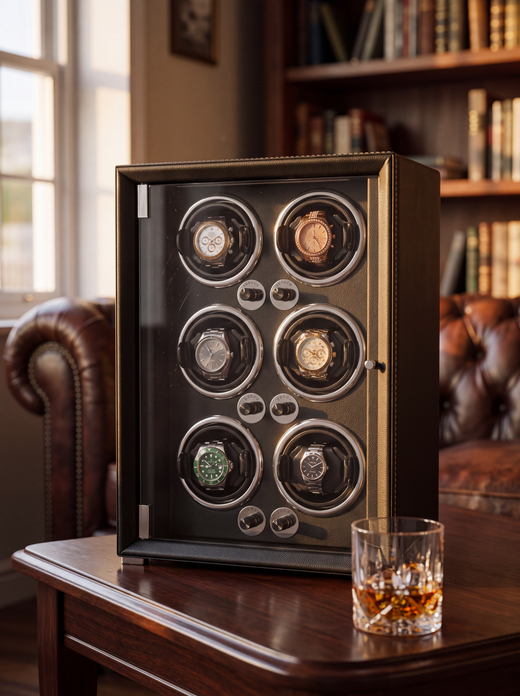 6-Watch Winder – Black Leather, 5 Speeds, Auto-Stop Door