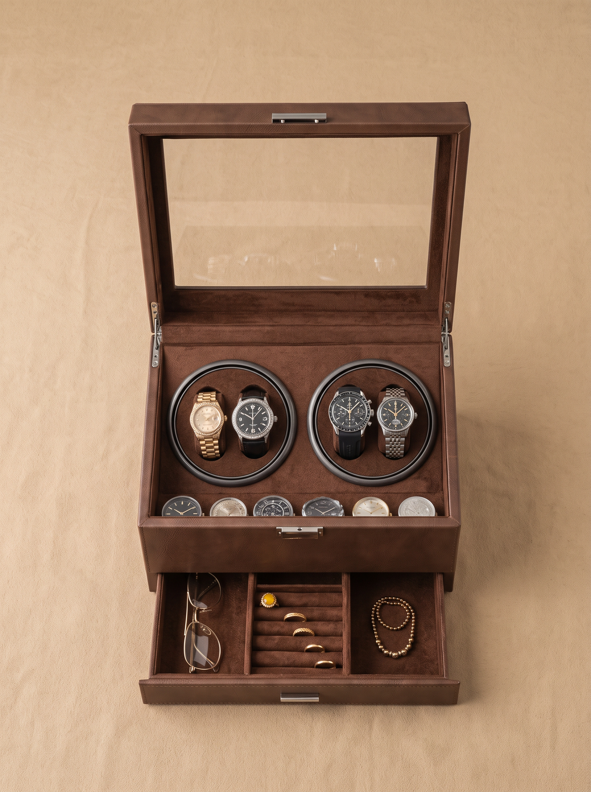 Multi-Watch Winder – Large Capacity Brown Display Case