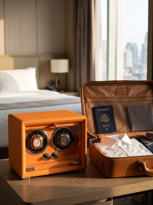 2-Watch Winder – Orange Leather, 5-Speed Silent Motor
