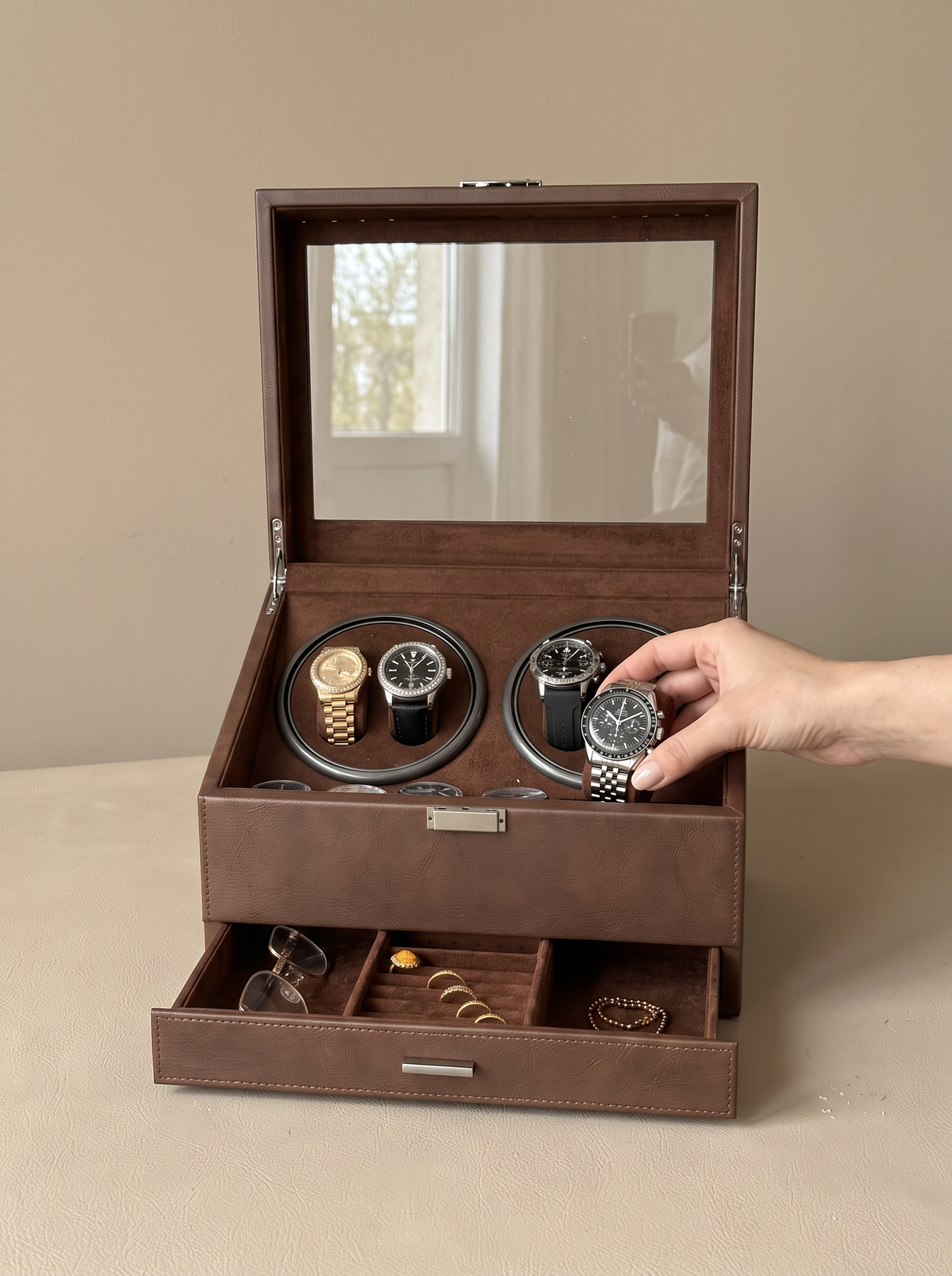 Multi-Watch Winder – Large Capacity Brown Display Case
