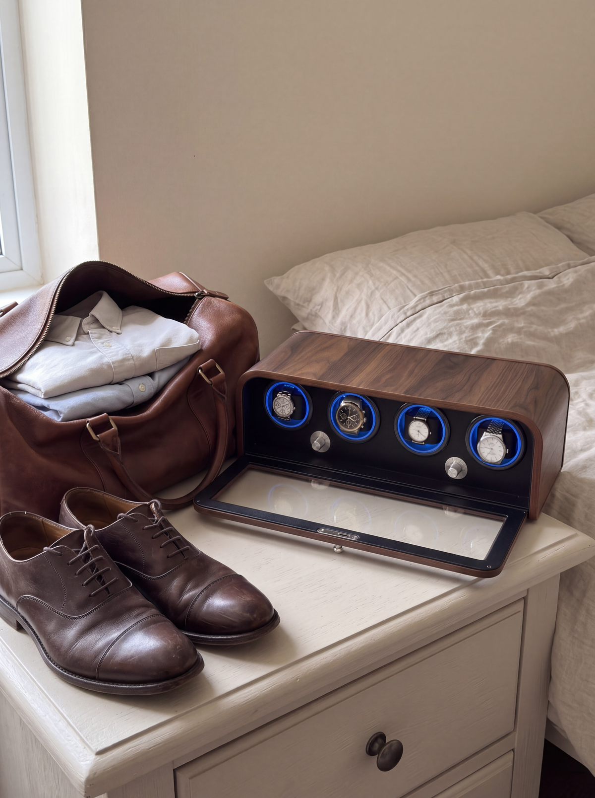Single Watch Winder – Wood Cabinet, Blue LED Backlight