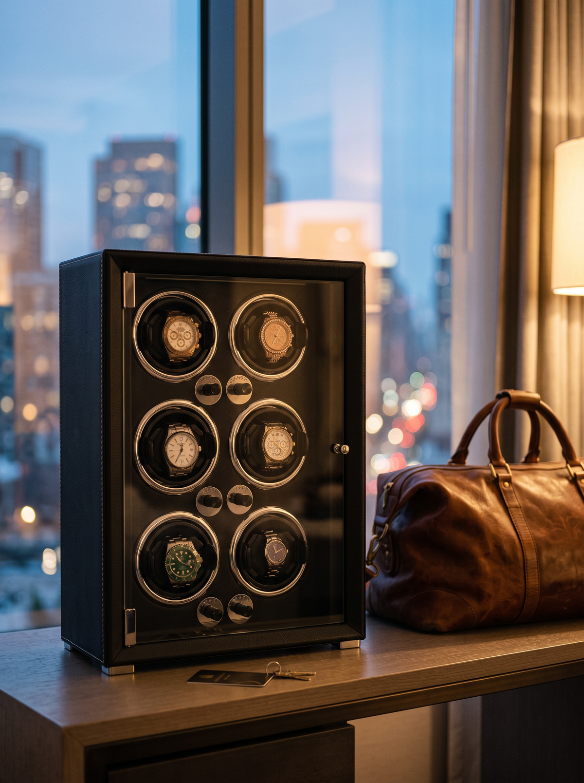 6-Watch Winder – Black Leather, 5 Speeds, Auto-Stop Door