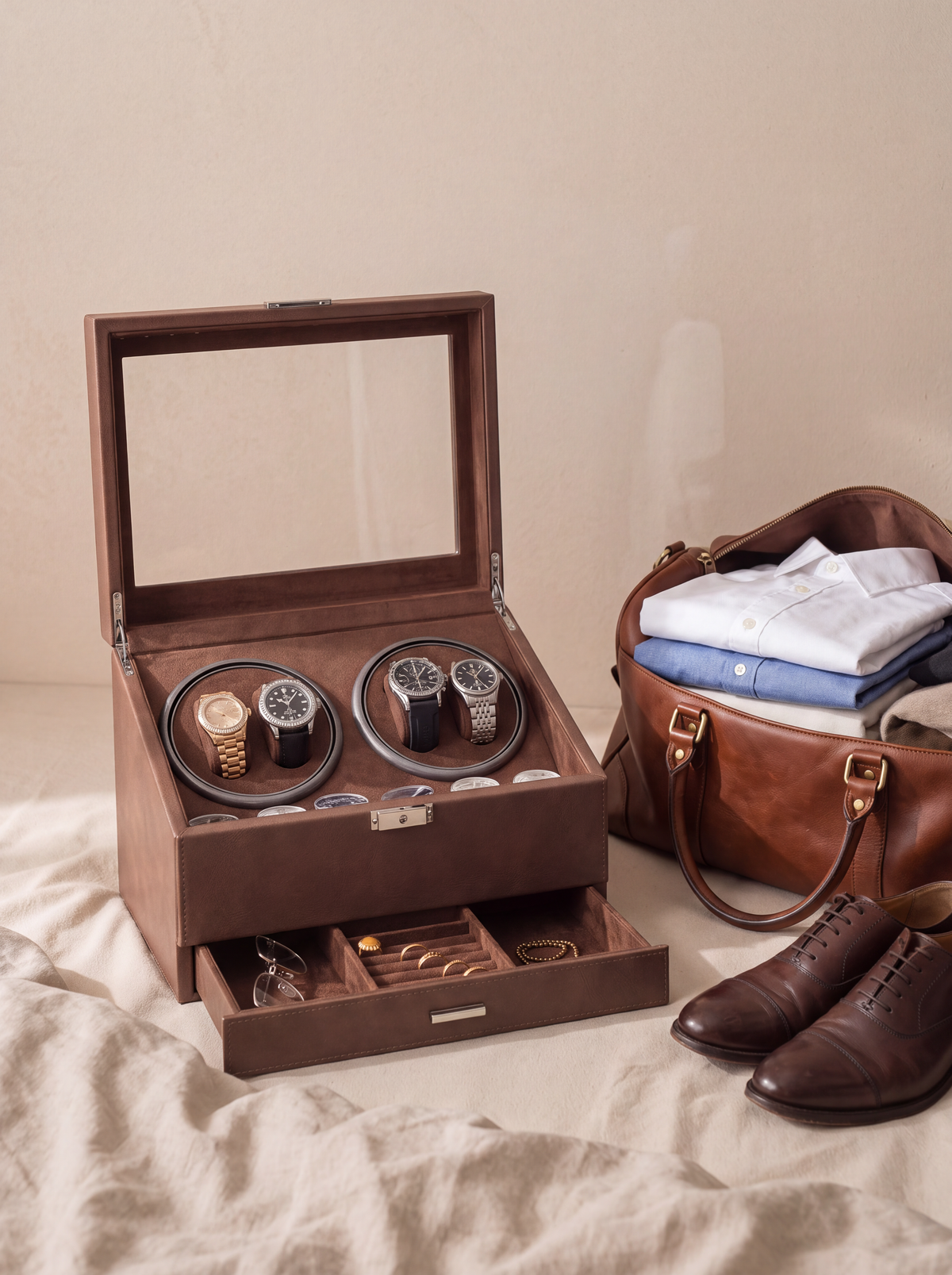 Multi-Watch Winder – Large Capacity Brown Display Case