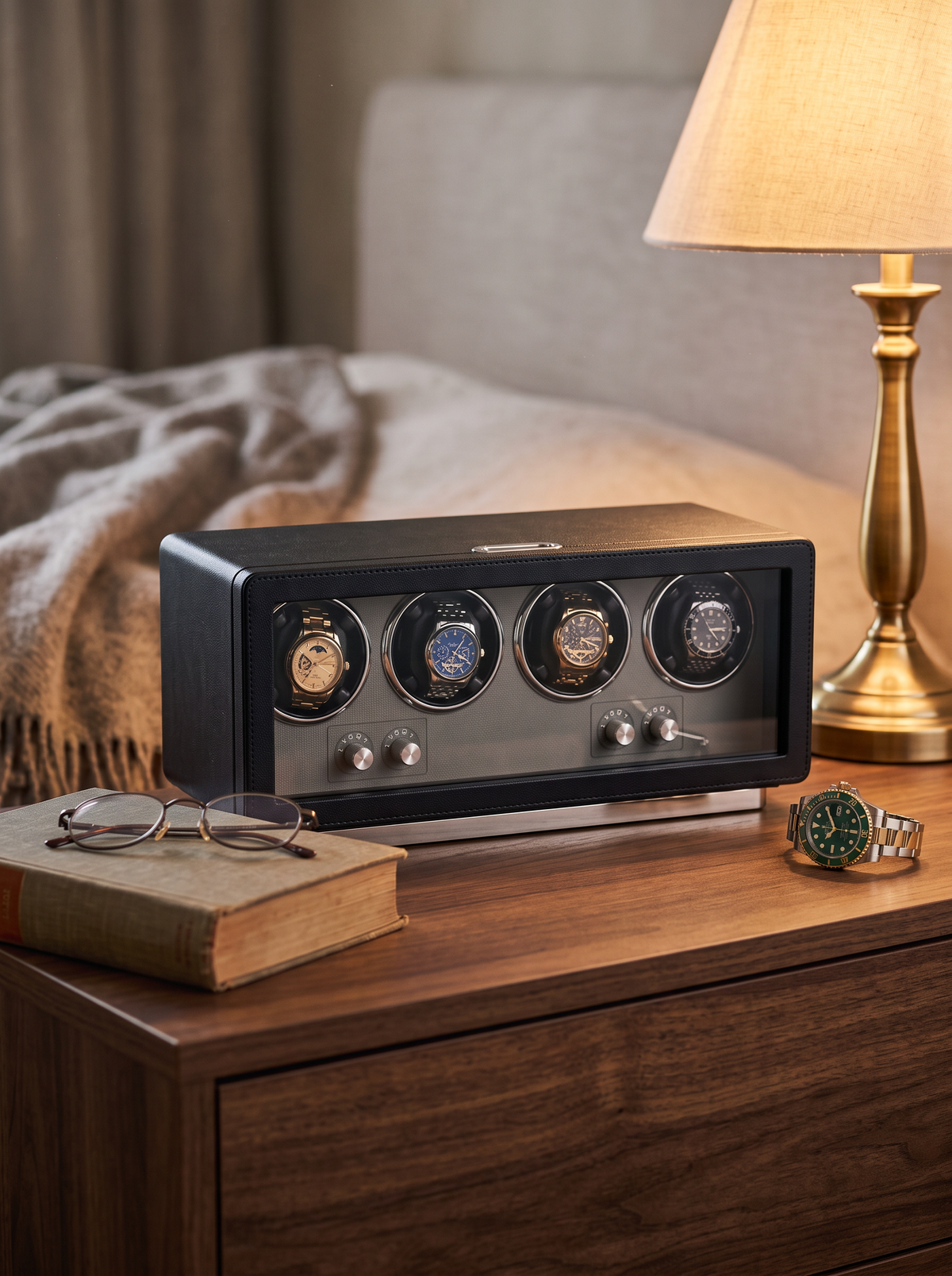 4-Watch Winder – Anti-Magnetic Leather, 5 Modes