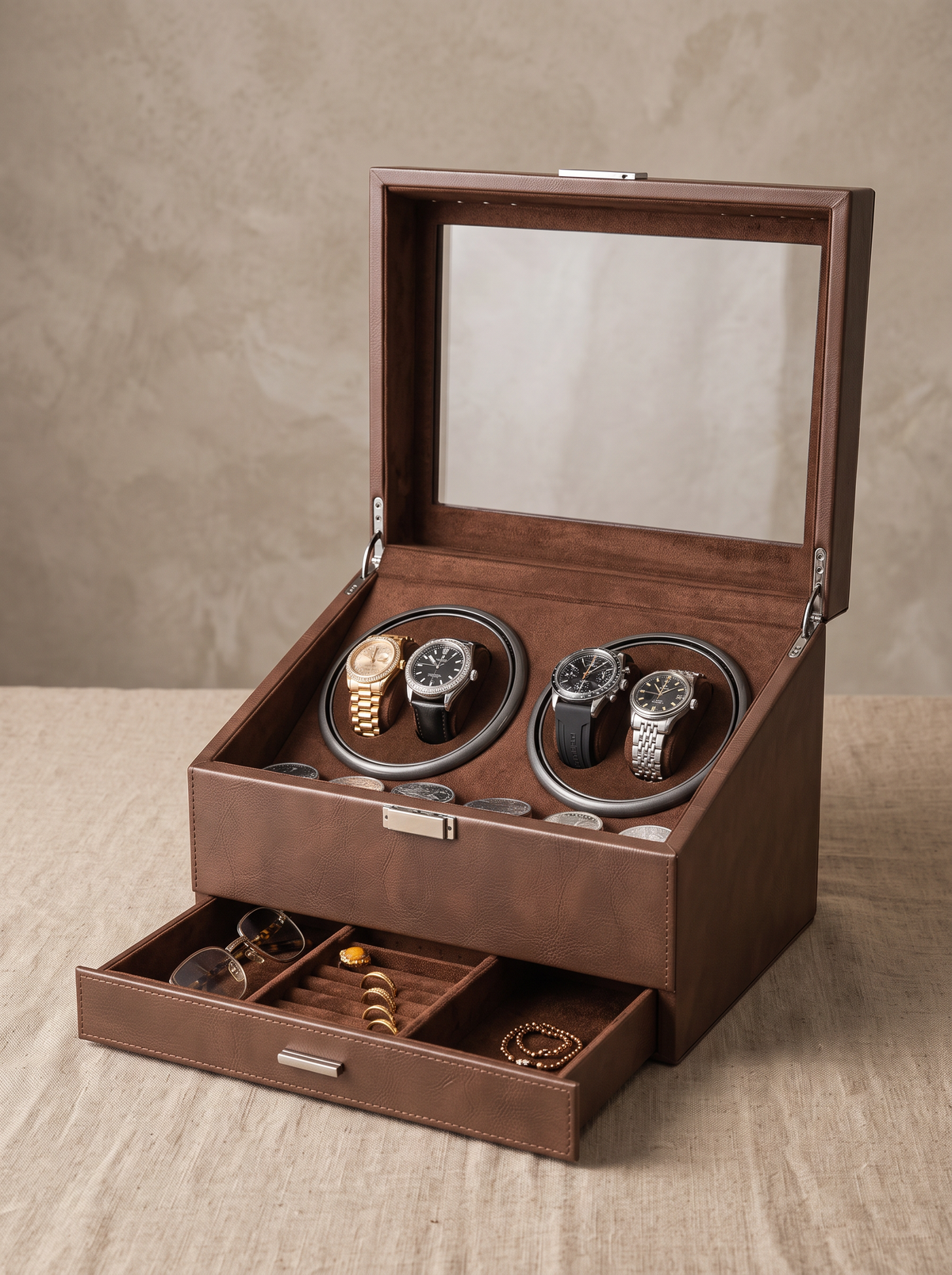 Multi-Watch Winder – Large Capacity Brown Display Case