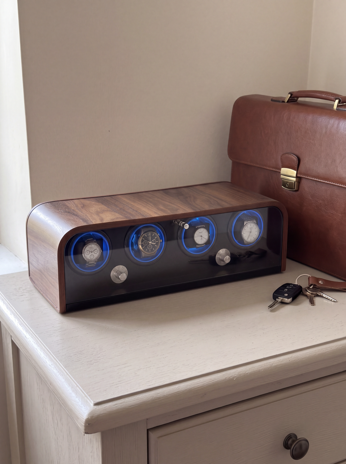Single Watch Winder – Wood Cabinet, Blue LED Backlight