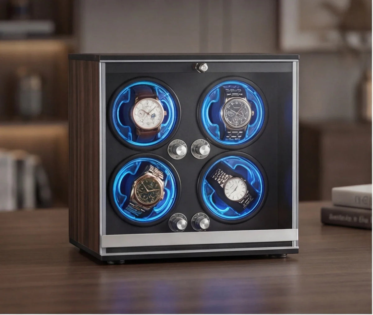 4-Watch Winder – Walnut Wood, Blue LED, Silent Motor