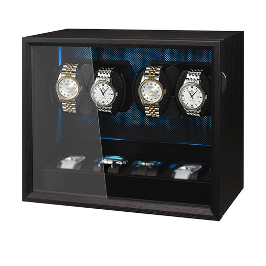 4-Watch Winder – Black Wood with Backlight, Silent Motor