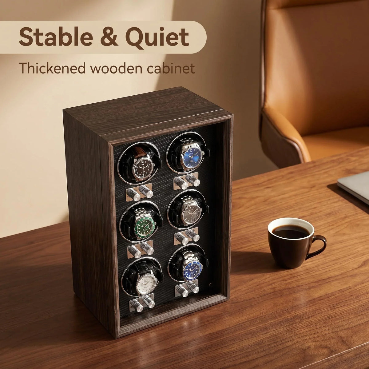 6-Watch Winder Cabinet – Brown Wood, Glass Door, Vertical Rotation