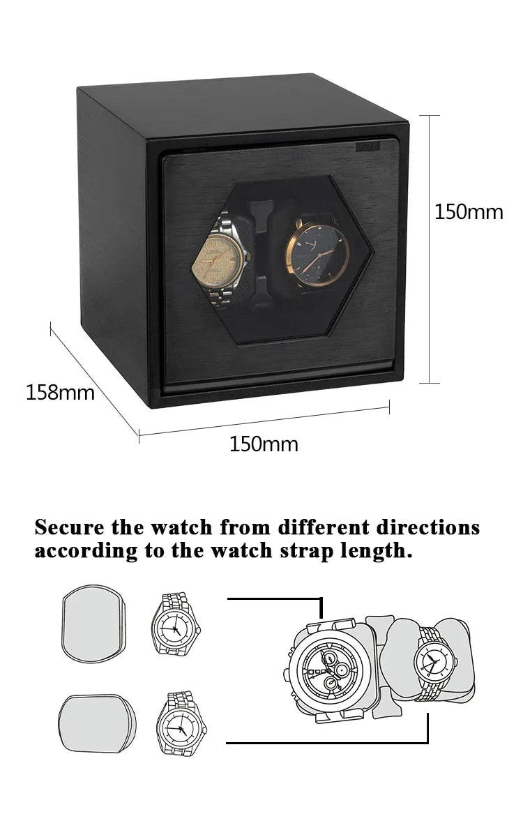2-Watch Winder – Black Metal Finish, Oscillating Motion