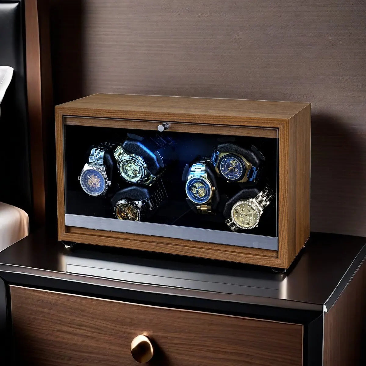 6-Watch Winder – Black Walnut, Home Mode & Blue LED
