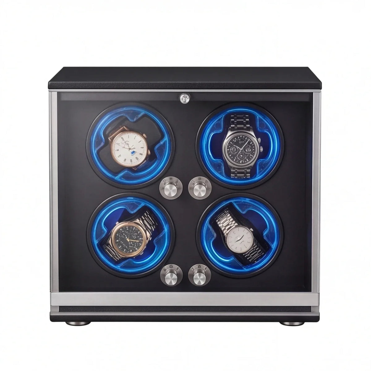 4-Watch Winder – Walnut Wood, Blue LED, Silent Motor