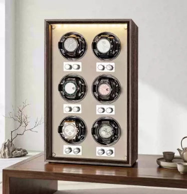6-Watch Winder Cabinet – Brown Wood, Glass Door, Vertical Rotation
