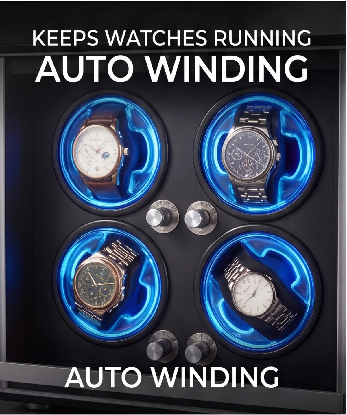 4-Watch Winder – Walnut Wood, Blue LED, Silent Motor