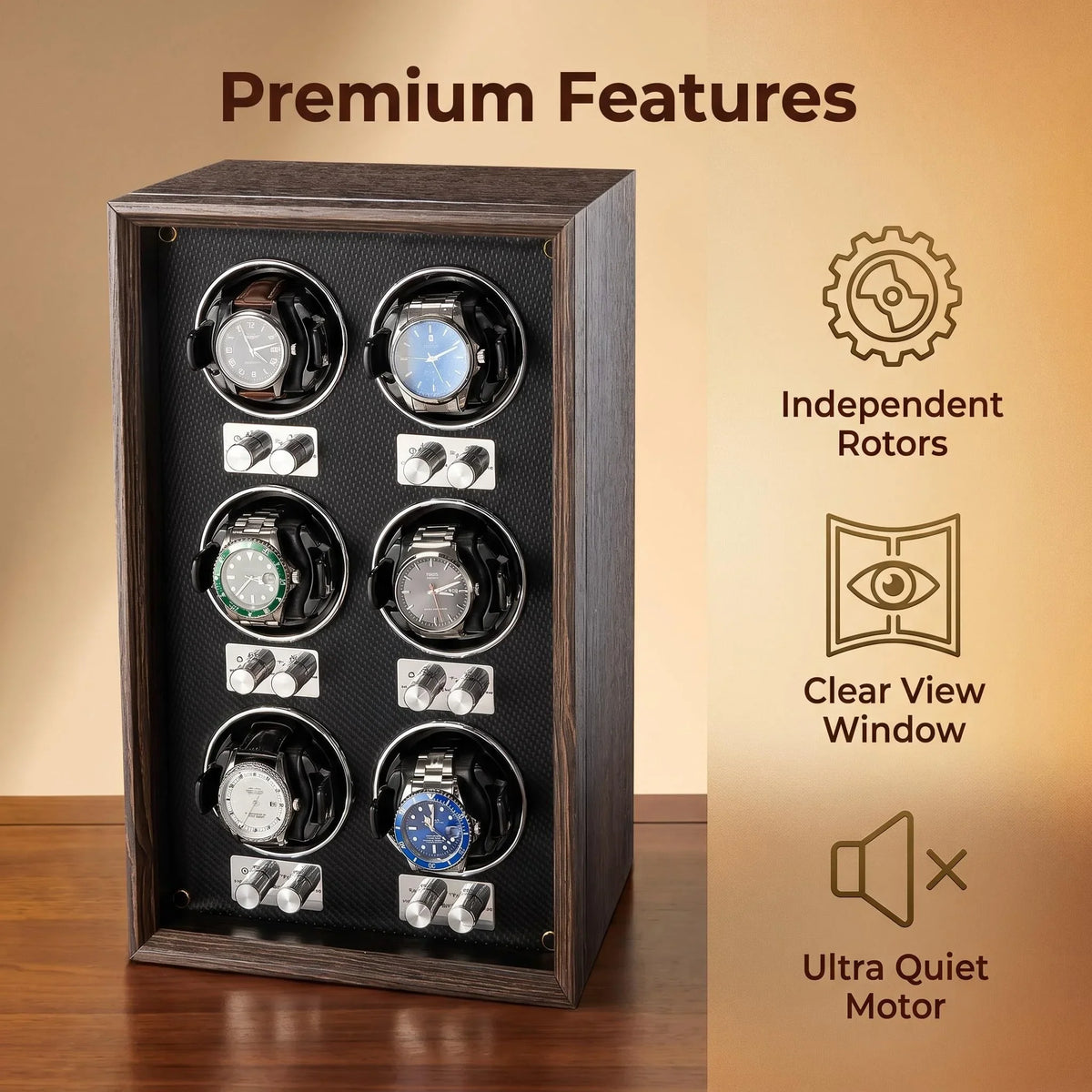 6-Watch Winder Cabinet – Brown Wood, Glass Door, Vertical Rotation