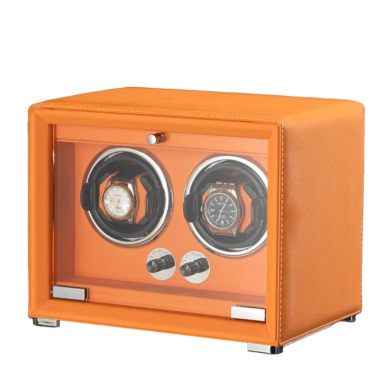 6-Watch Winder – Orange Leather, 5 Speeds, Auto-Stop Door