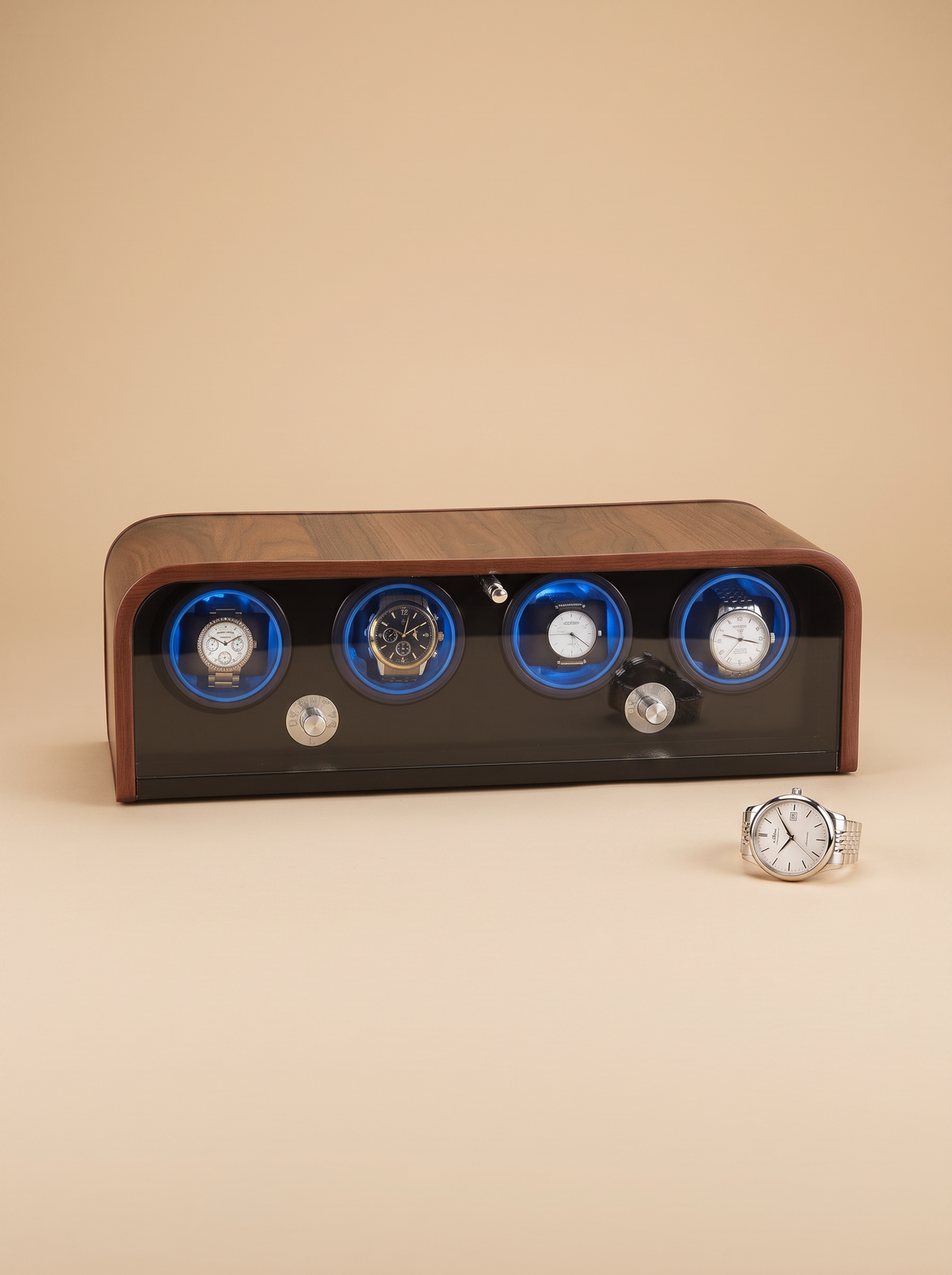 Single Watch Winder – Wood Cabinet, Blue LED Backlight