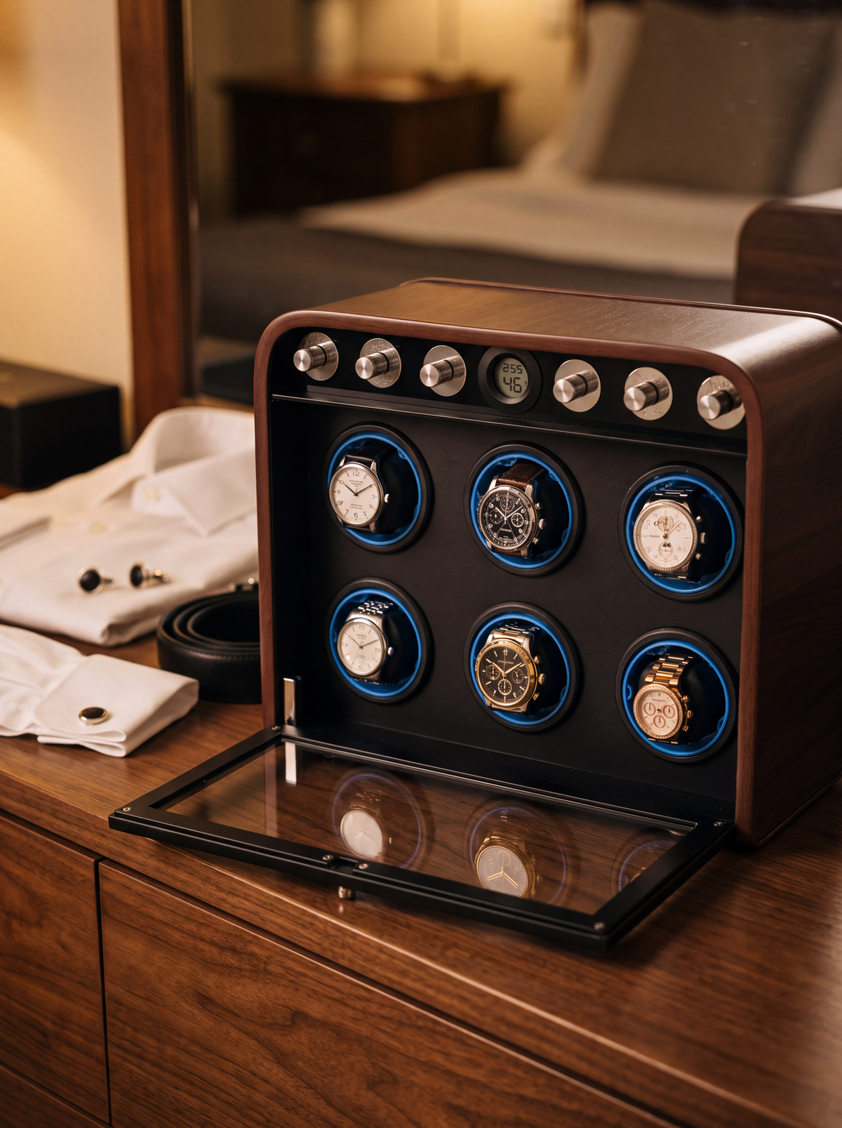 Single Watch Winder – Wood Cabinet, Silent Motor & Blue LED