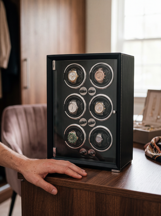 6-Watch Winder – Black Leather, 5 Speeds, Auto-Stop Door
