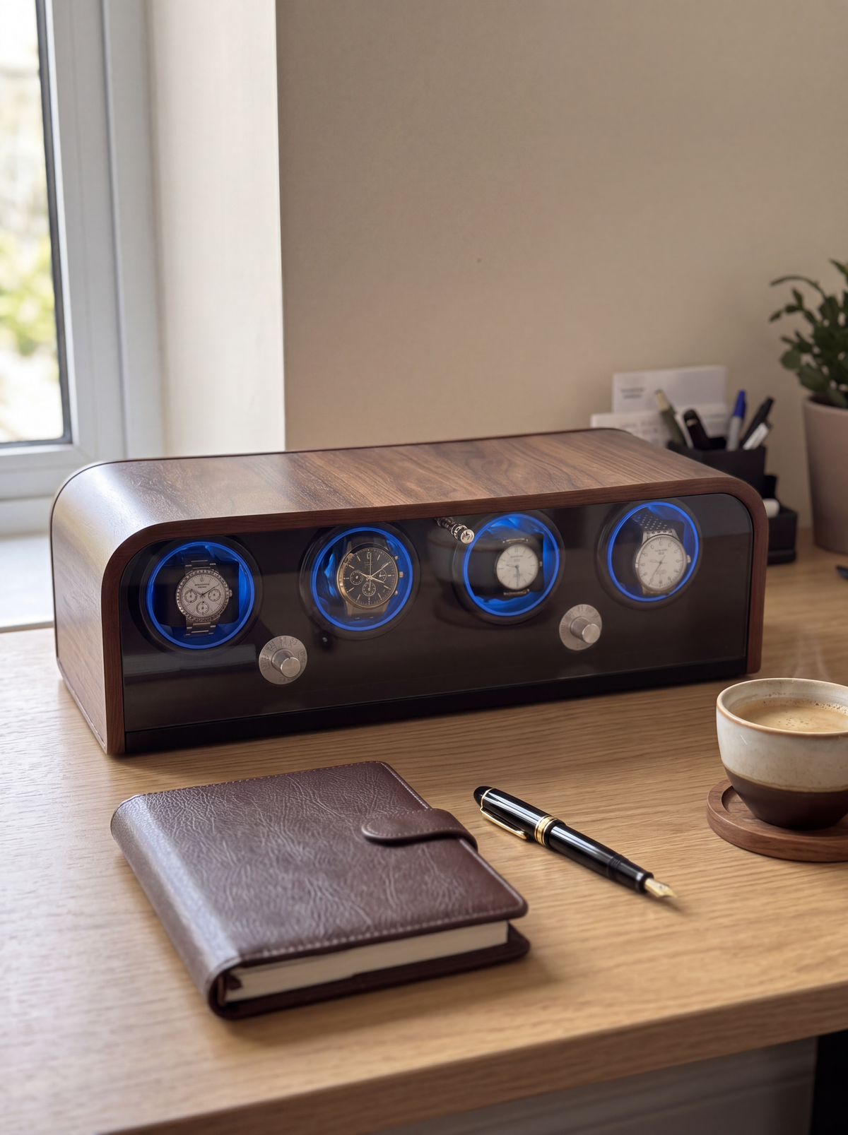 Single Watch Winder – Wood Cabinet, Blue LED Backlight