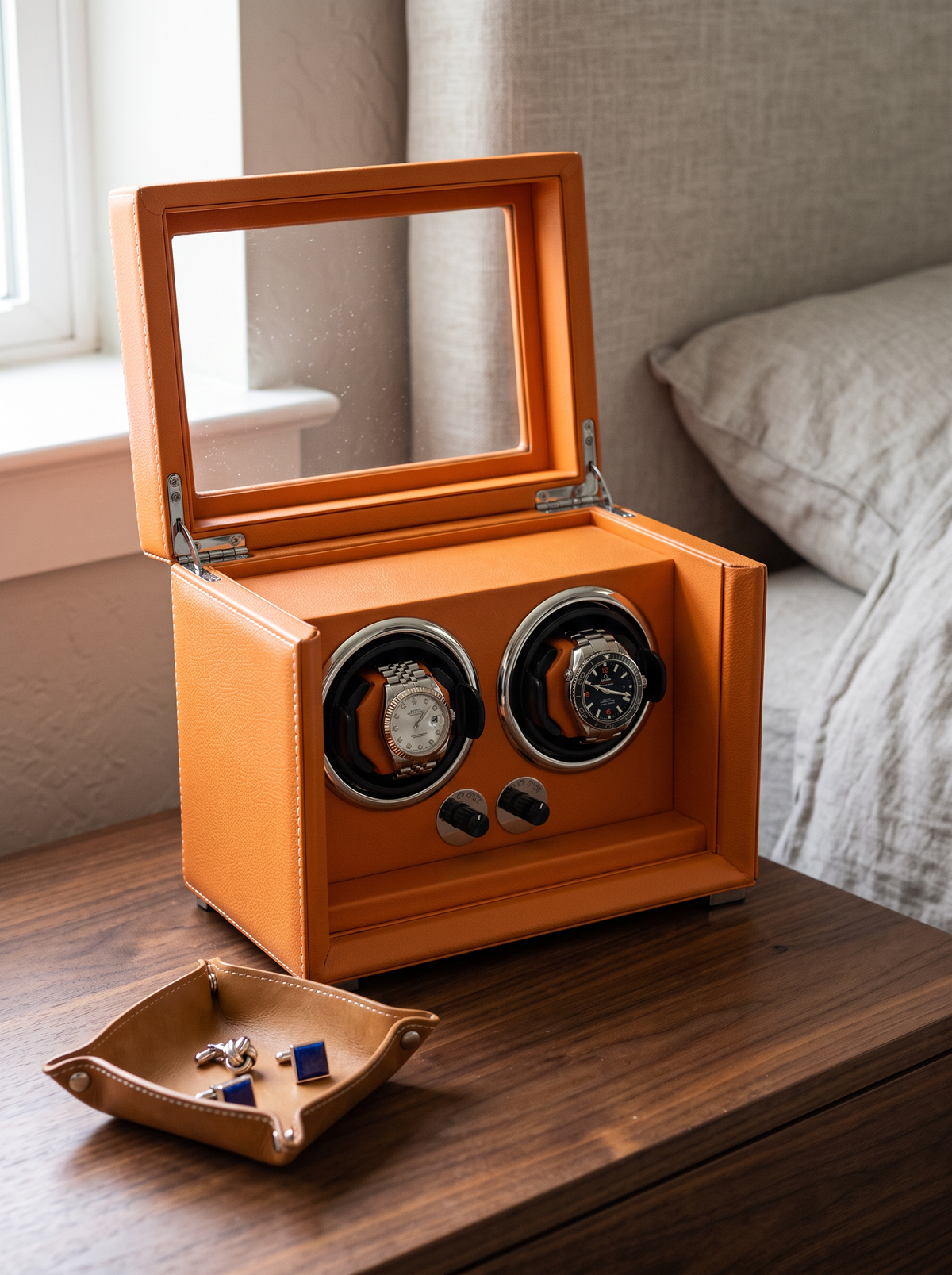 2-Watch Winder – Orange Leather, 5-Speed Silent Motor