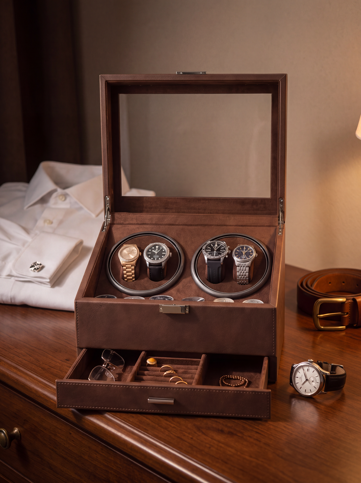 Multi-Watch Winder – Large Capacity Brown Display Case