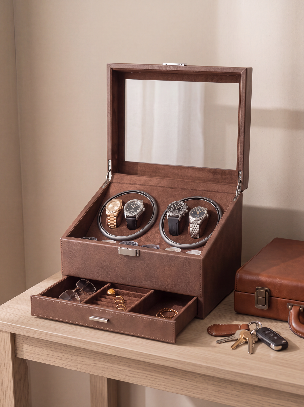 Multi-Watch Winder – Large Capacity Brown Display Case