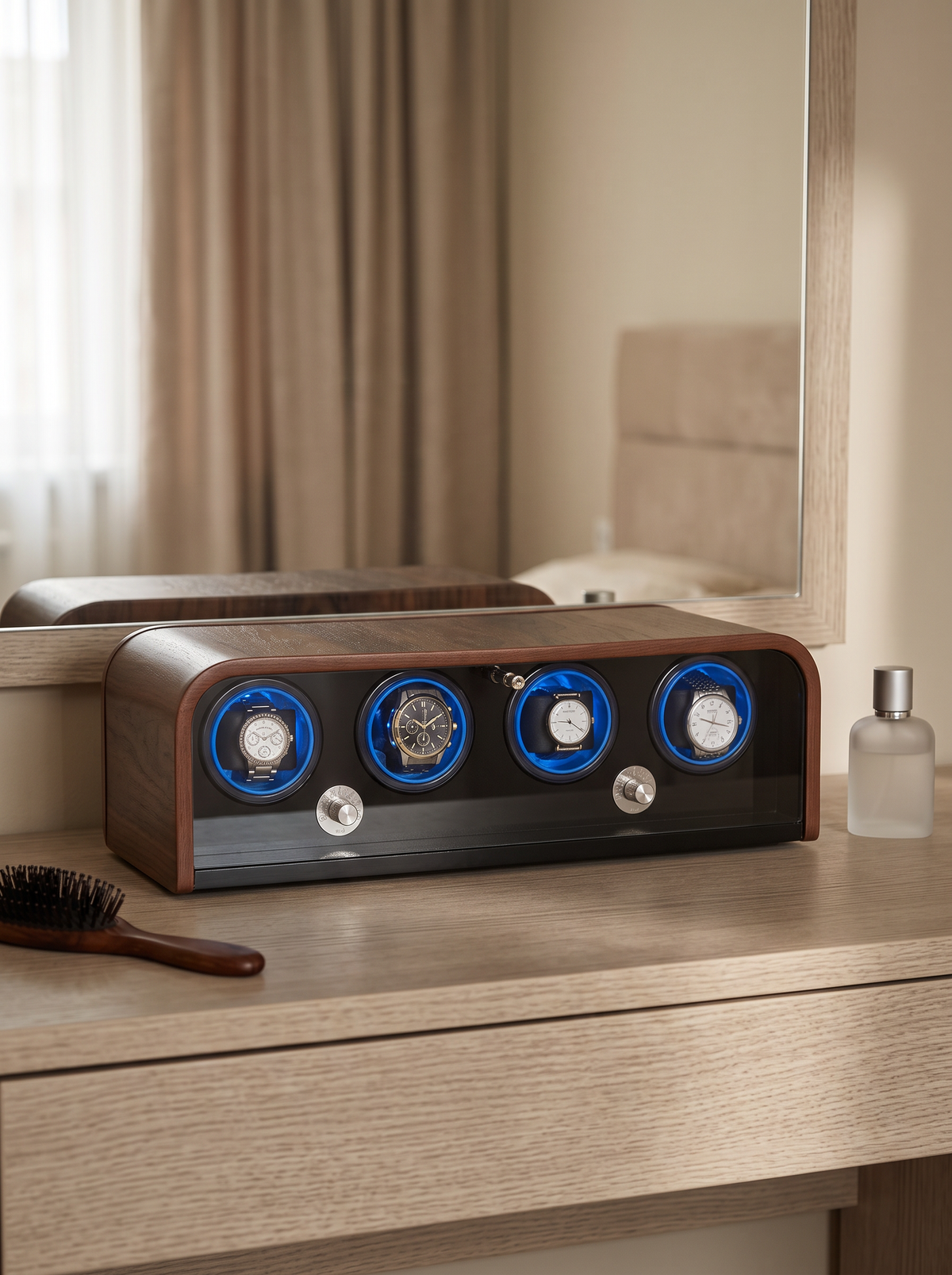 Single Watch Winder – Wood Cabinet, Blue LED Backlight