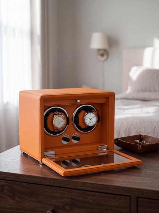 2-Watch Winder – Orange Leather, 5-Speed Silent Motor