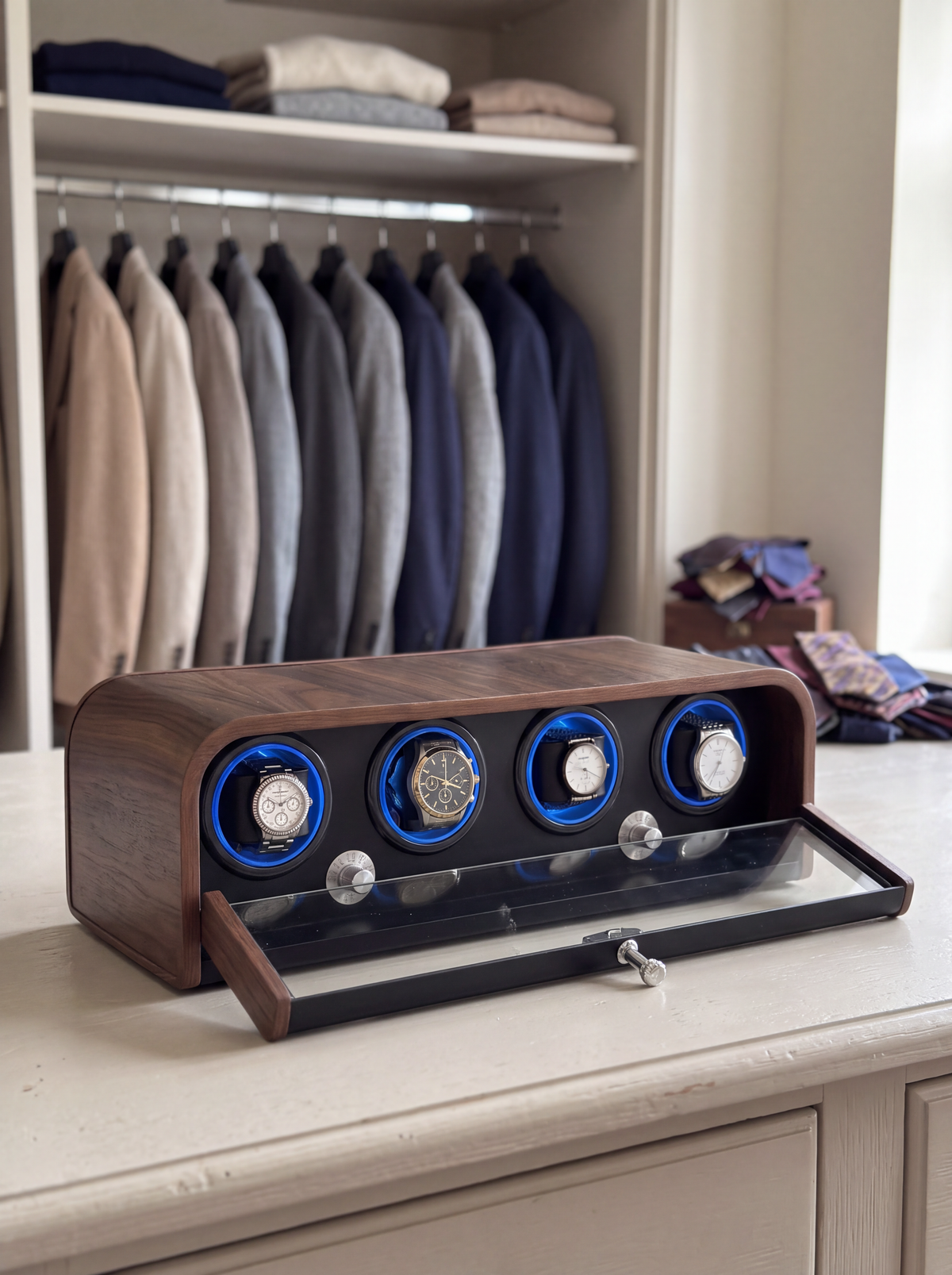 Single Watch Winder – Wood Cabinet, Blue LED Backlight