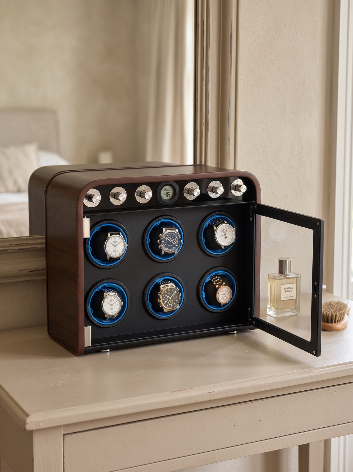 Single Watch Winder – Wood Cabinet, Silent Motor & Blue LED