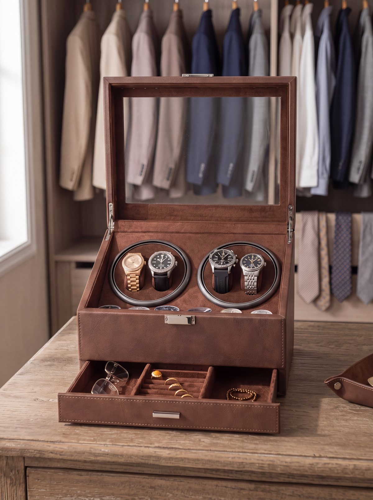 Multi-Watch Winder – Large Capacity Brown Display Case