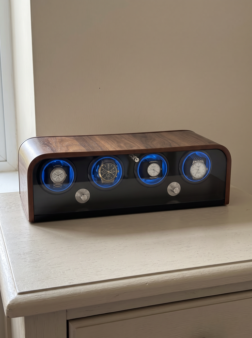 Single Watch Winder – Wood Cabinet, Blue LED Backlight