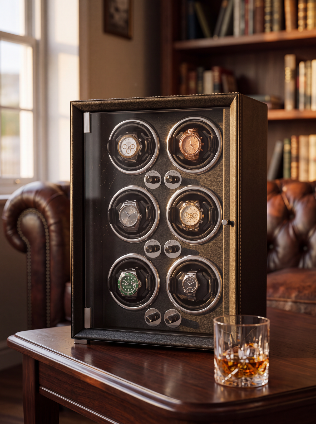 6-Watch Winder – Black Leather, 5 Speeds, Auto-Stop Door