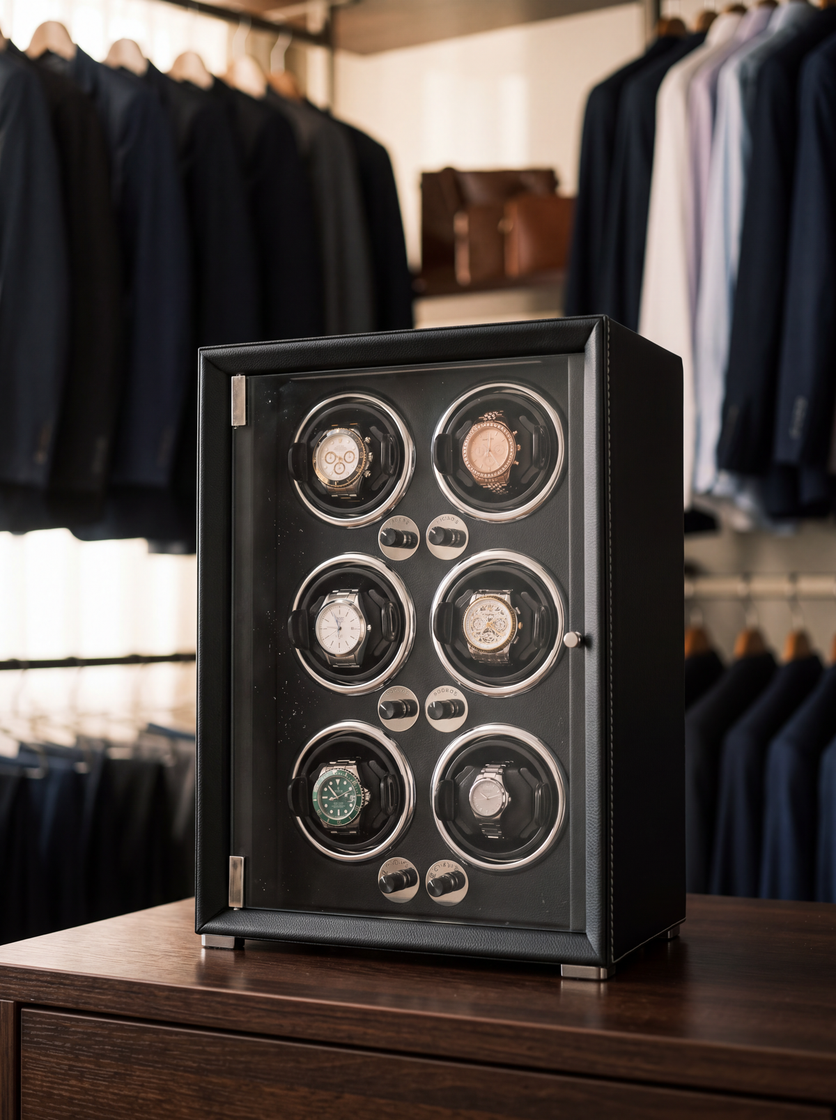 6-Watch Winder – Black Leather, 5 Speeds, Auto-Stop Door